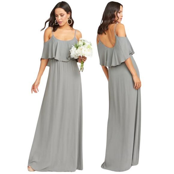 Show Me Your Mumu Caitlin Ruffle Maxi Dress Cold Shoulder Charcoal Crisp Small - Picture 1 of 7